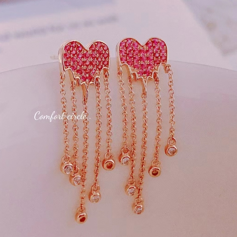 Ny design Pink Sapphire Tassel 18K Gold Earring Gift till Girl